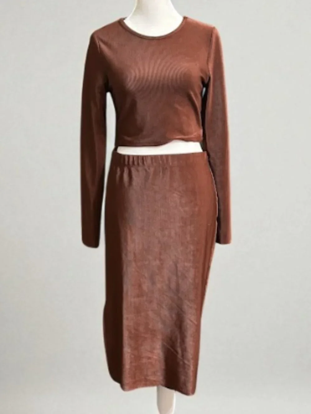 SolyHux Brown Ribbed Two-Piece Skirt Set Open Back Long Sleeve Outfit